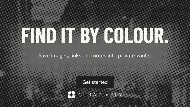 Landscape graphic for Curatively: "Find it by colour." Retro print style, centred layout, dark palette in grey, black.