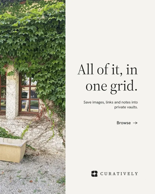 Instagram portrait post for Curatively: "All of it, in one grid." Minimal luxury style, right layout, light palette in white, green, grey.