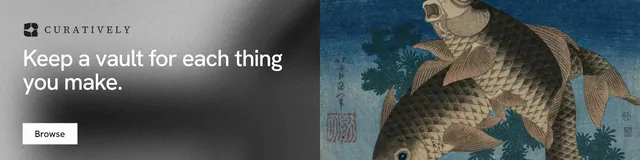 LinkedIn banner for Curatively: "Keep a vault for each thing you make." Swiss style, bottom layout, dark palette in grey, black.