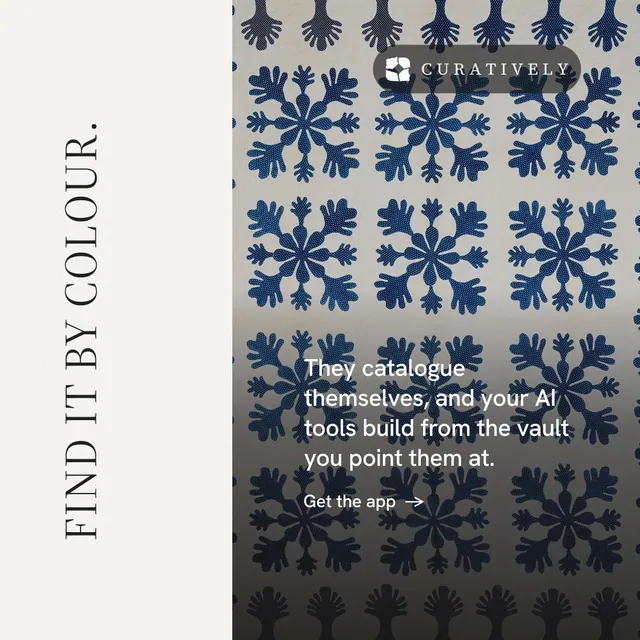 Instagram post for Curatively: "Find it by colour." Minimal luxury style, vertical layout, light palette in white, black, grey.