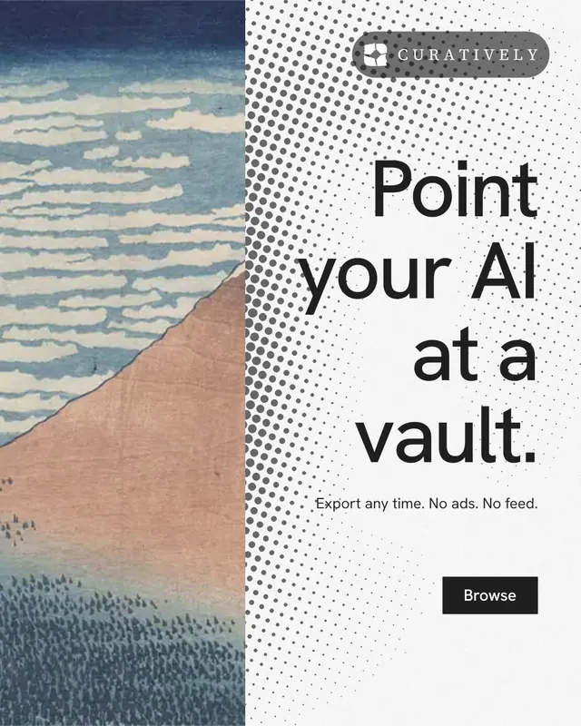 Instagram portrait post for Curatively: "Point your AI at a vault." Swiss style, right layout, light palette in grey, white.