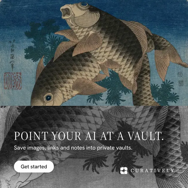 Instagram post for Curatively: "Point your AI at a vault." Photo poster style, bottom layout, dark palette in grey, black, blue.