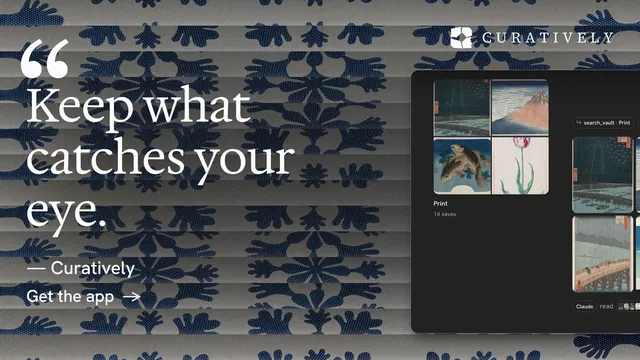 Landscape graphic for Curatively: "Find it by colour." Minimal luxury style, quote layout, dark palette in black, grey.