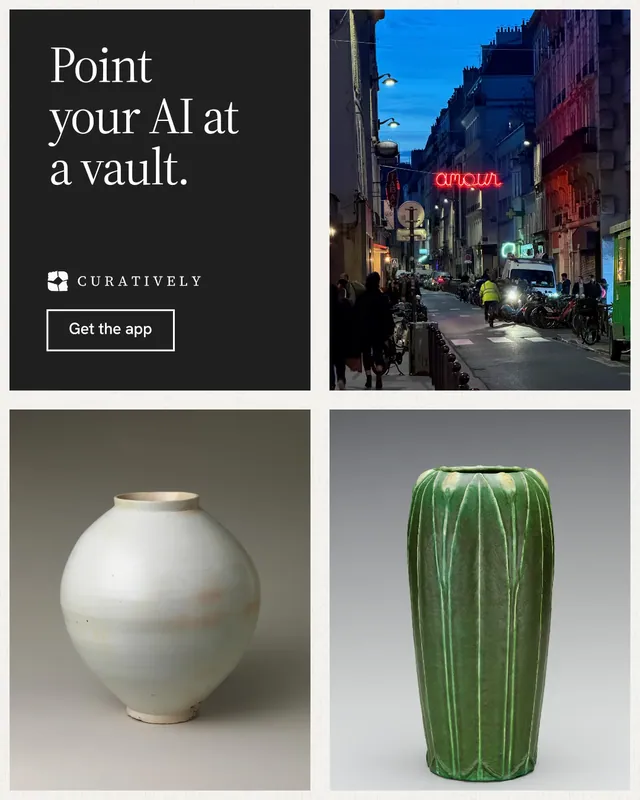 Instagram portrait post for Curatively: "Point your AI at a vault." Editorial style, collage layout, dark palette in black, grey, white.
