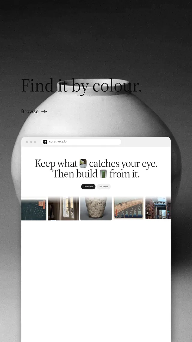 Instagram story for Curatively: "Find it by colour." Minimal luxury style, browser layout, light palette in black, white, grey.