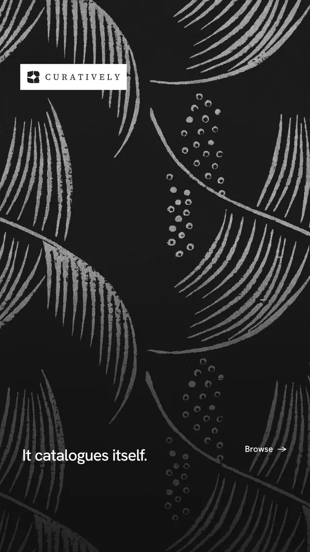 Instagram story for Curatively: "It catalogues itself." Swiss style, image led layout, dark palette in black, grey.