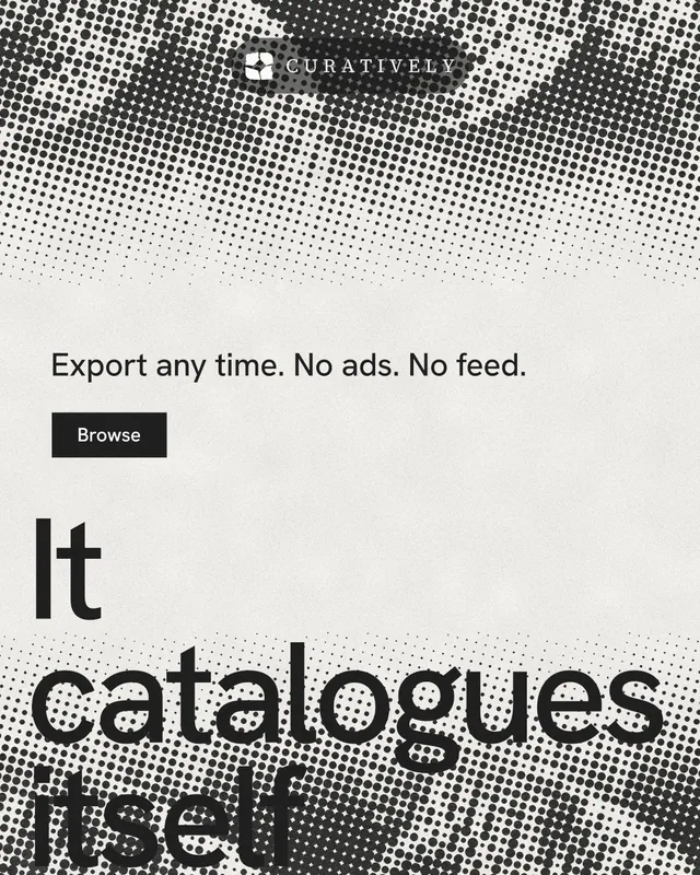 Instagram portrait post for Curatively: "Saved, sorted and yours." Swiss style, oversized layout, light palette in grey, white.