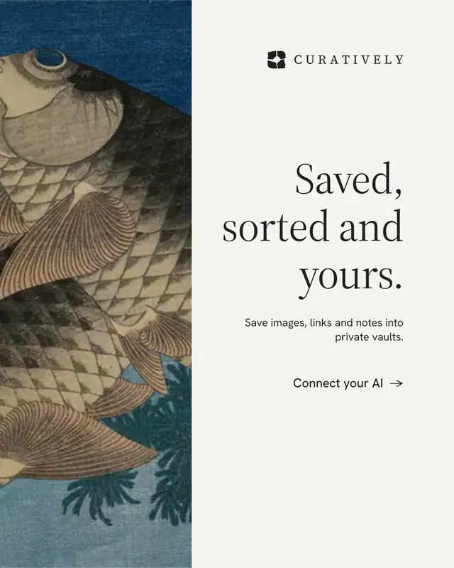 Instagram portrait post for Curatively: "Saved, sorted and yours." Minimal luxury style, right layout, light palette in white, grey.