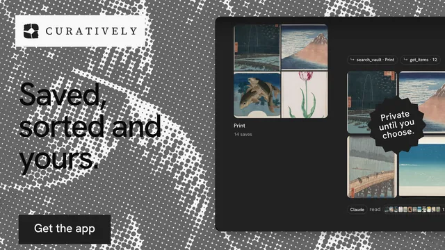 Landscape graphic for Curatively: "Saved, sorted and yours." Swiss style, sticker layout, dark palette in grey, black.
