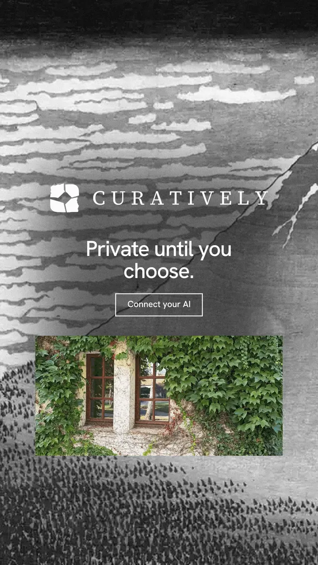 Instagram story for Curatively: "Private until you choose." Editorial style, logo hero layout, light palette in grey, black, white.