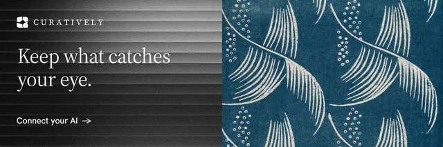 X header for Curatively: "Keep what catches your eye." Minimal luxury style, bottom layout, dark palette in blue, black, grey.