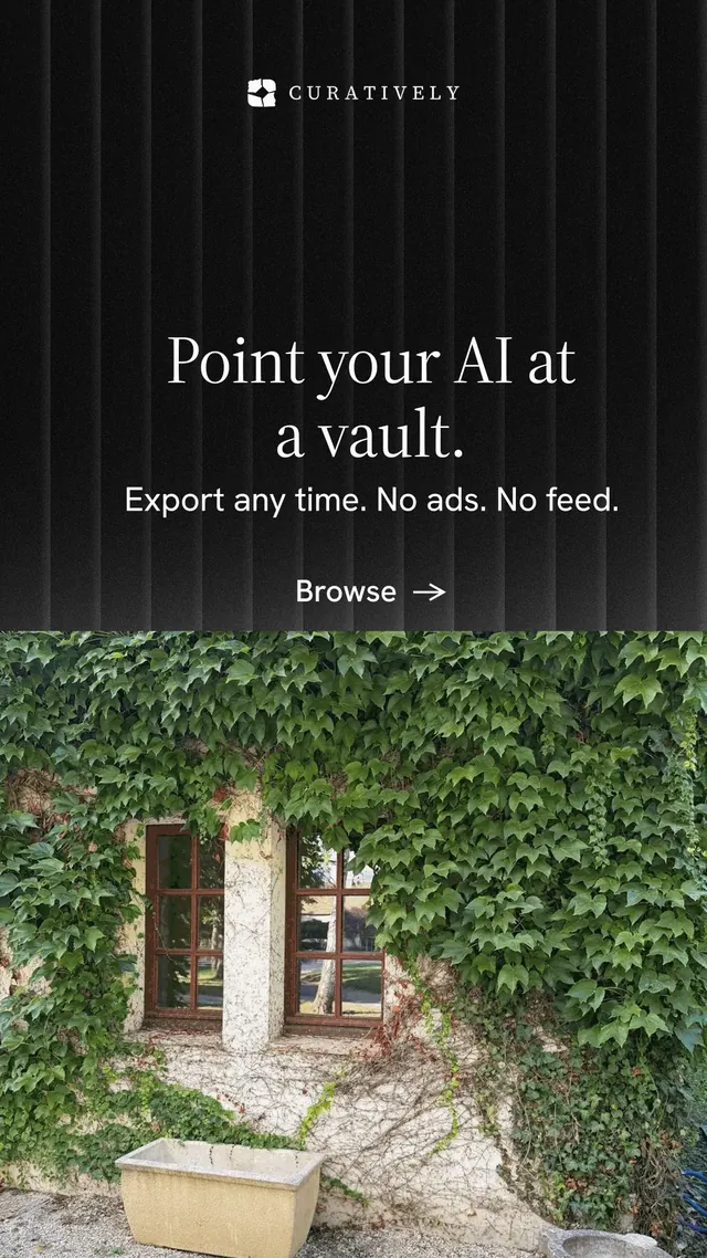Instagram story for Curatively: "Point your AI at a vault." Minimal luxury style, skeleton layout, dark palette in green, black, grey.