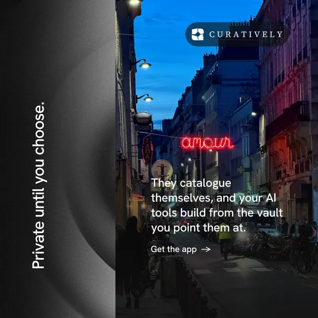 Instagram post for Curatively: "Private until you choose." Minimal luxury style, vertical layout, dark palette in black, blue, pink.