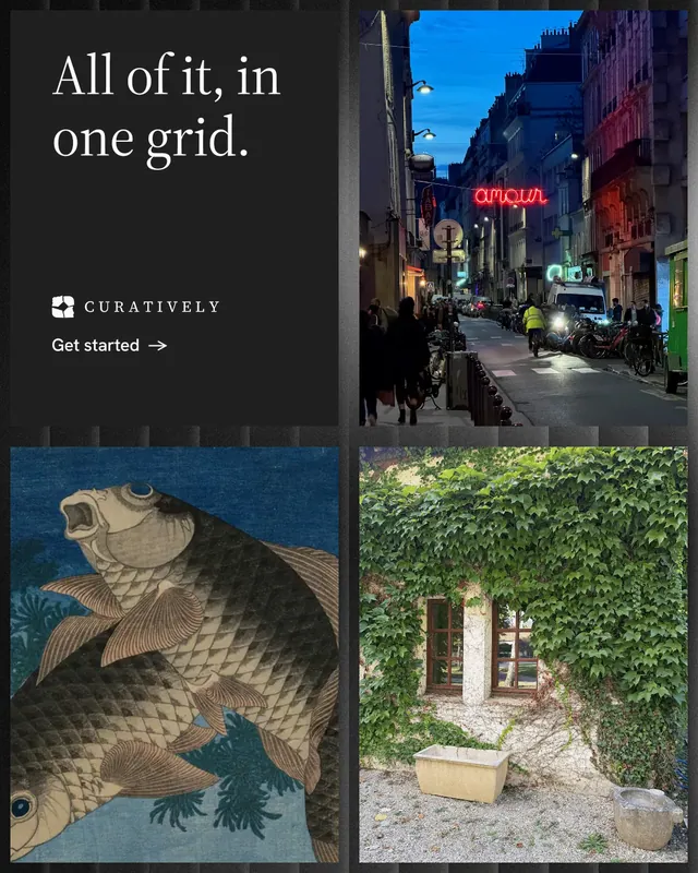 Instagram portrait post for Curatively: "All of it, in one grid." Minimal luxury style, collage layout, dark palette in black, grey, blue.