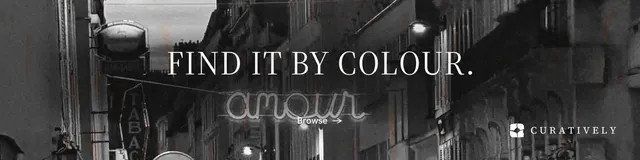 LinkedIn banner for Curatively: "Find it by colour." Minimal luxury style, centred layout, dark palette in black, grey.