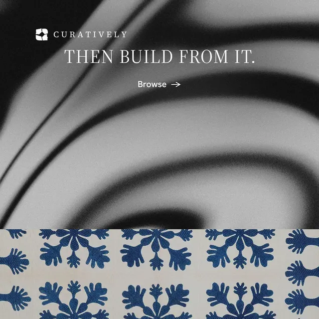 Instagram post for Curatively: "Then build from it." Minimal luxury style, skeleton layout, light palette in grey, black.