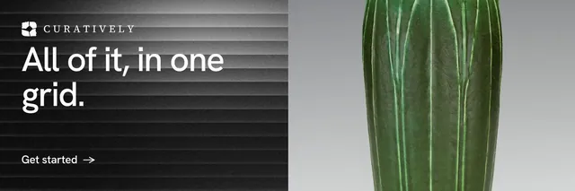 X header for Curatively: "All of it, in one grid." Minimal luxury style, bottom layout, dark palette in black, grey.