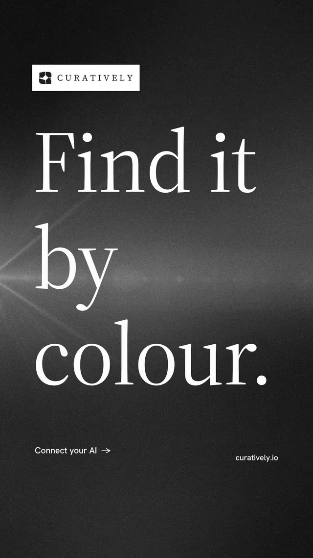 Instagram story for Curatively: "Find it by colour." Minimal luxury style, poster layout, dark palette in black, grey.