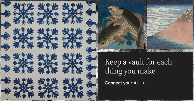 Social ad for Curatively: "Keep a vault for each thing you make." Minimal luxury style, collage layout, dark palette in grey, black.