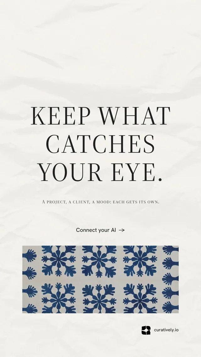 Instagram story for Curatively: "Keep what catches your eye." Minimal luxury style, smallcaps layout, light palette in white, grey.