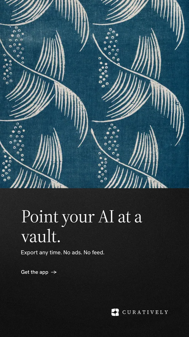Instagram story for Curatively: "Point your AI at a vault." Minimal luxury style, bottom layout, dark palette in blue, black, grey.