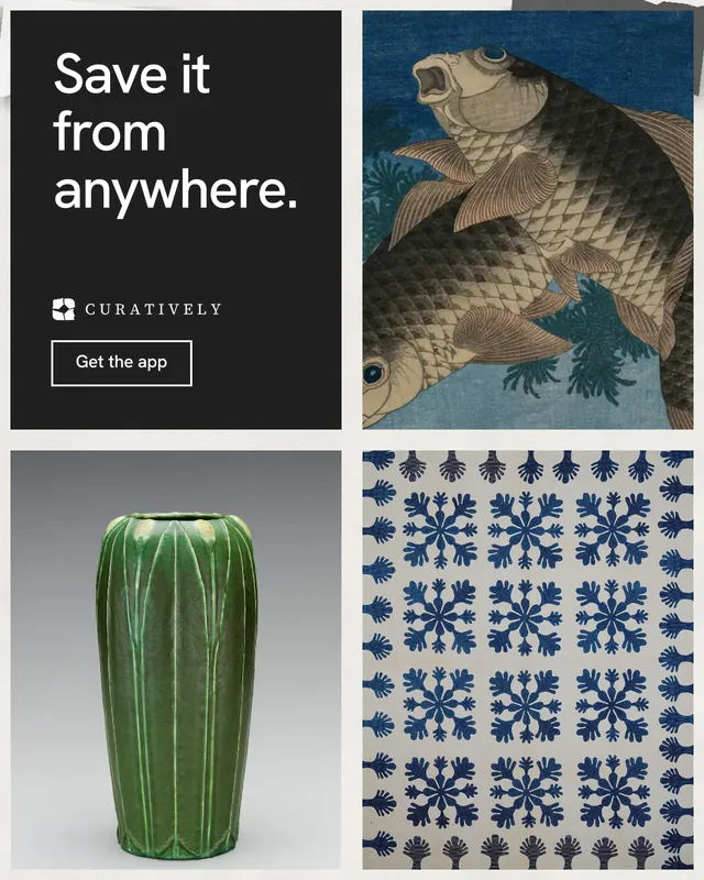 Instagram portrait post for Curatively: "Save it from anywhere." Editorial style, collage layout, light palette in black, grey, white.