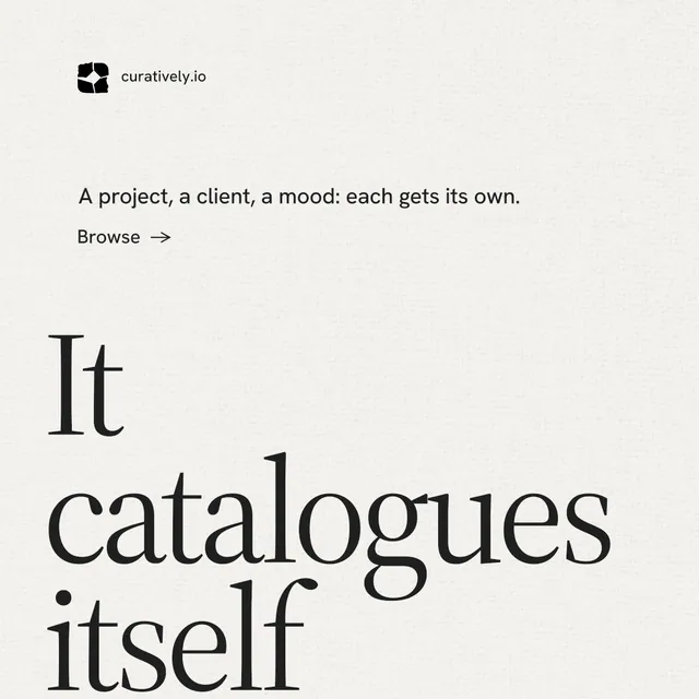 Instagram post for Curatively: "Point your AI at a vault." Minimal luxury style, oversized layout, light palette in white, grey.