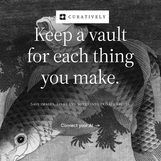 Instagram post for Curatively: "Keep a vault for each thing you make." Minimal luxury style, smallcaps layout, dark palette in black, grey.