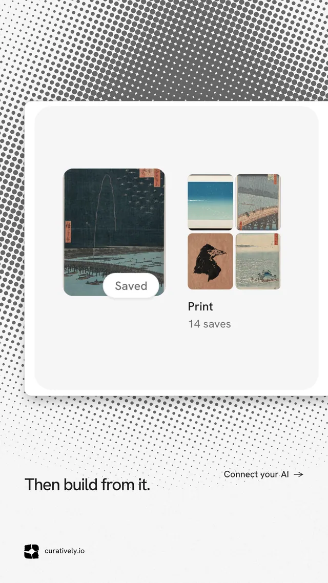 Instagram story for Curatively: "Then build from it." Swiss style, image led layout, light palette in white, grey.