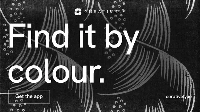 Landscape graphic for Curatively: "Find it by colour." Editorial style, poster layout, dark palette in black, grey.