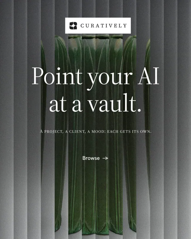 Instagram portrait post for Curatively: "Point your AI at a vault." Minimal luxury style, smallcaps layout, dark palette in black, grey.