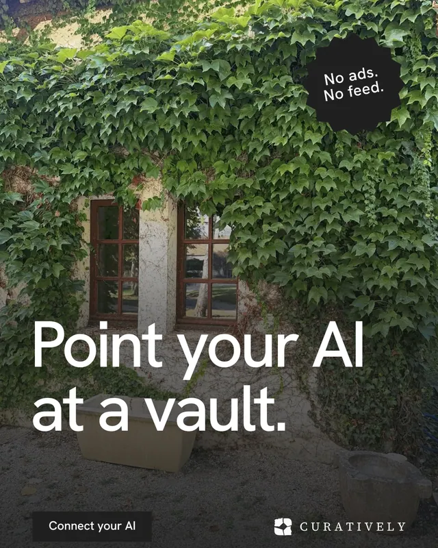 Instagram portrait post for Curatively: "Point your AI at a vault." Swiss style, sticker layout, dark palette in black, green, grey.