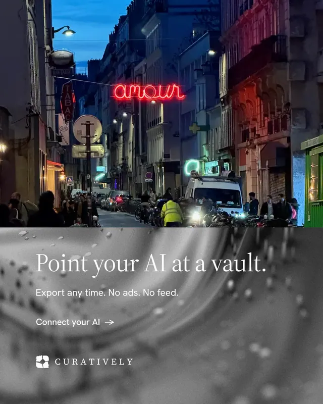 Instagram portrait post for Curatively: "Point your AI at a vault." Minimal luxury style, bottom layout, dark palette in grey, blue, black.