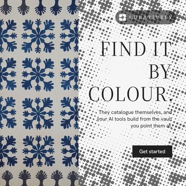 Instagram post for Curatively: "Find it by colour." Split block style, right layout, light palette in grey, white.