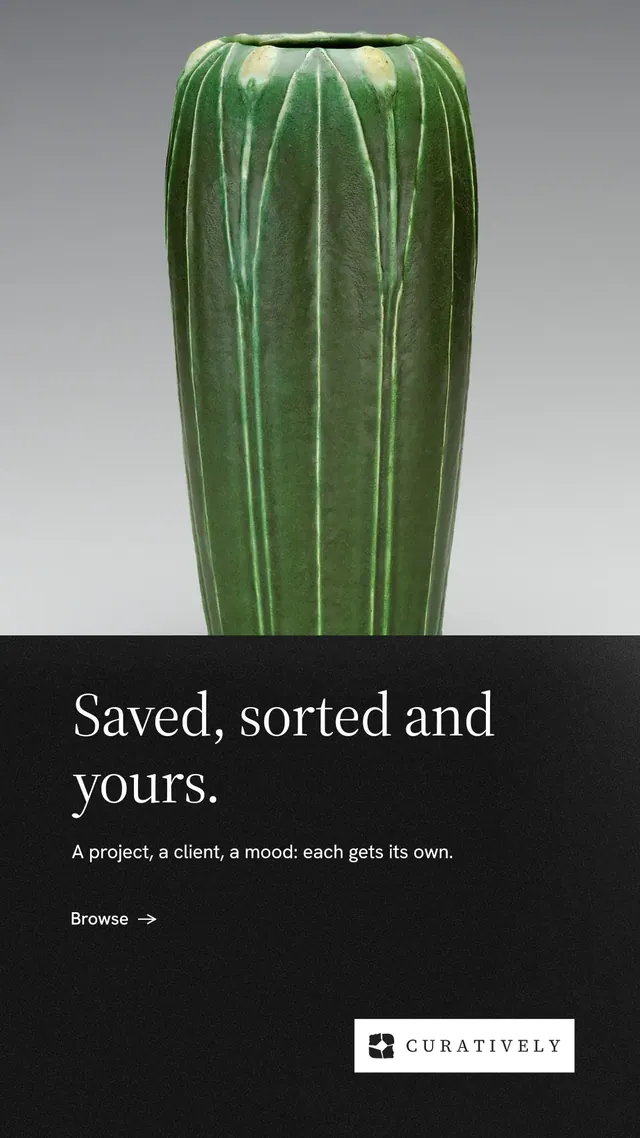 Instagram story for Curatively: "Saved, sorted and yours." Minimal luxury style, bottom layout, dark palette in black, grey, white.