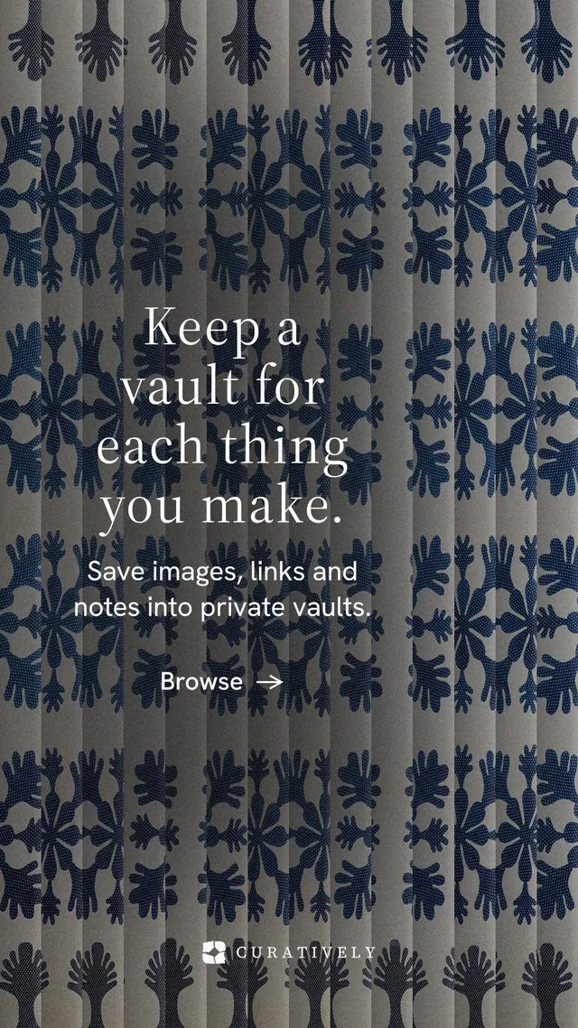 Instagram story for Curatively: "Keep a vault for each thing you make." Minimal luxury style, skeleton layout, dark palette in grey, blue, black.