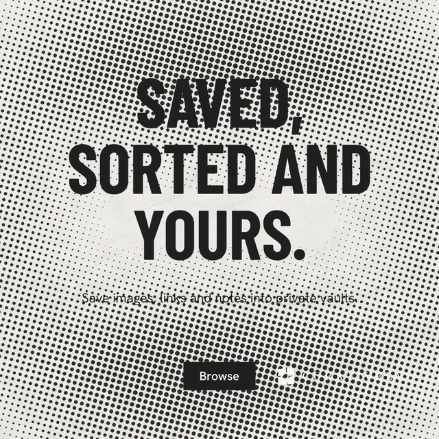 Instagram post for Curatively: "Saved, sorted and yours." Retro print style, centred layout, light palette in grey, white.