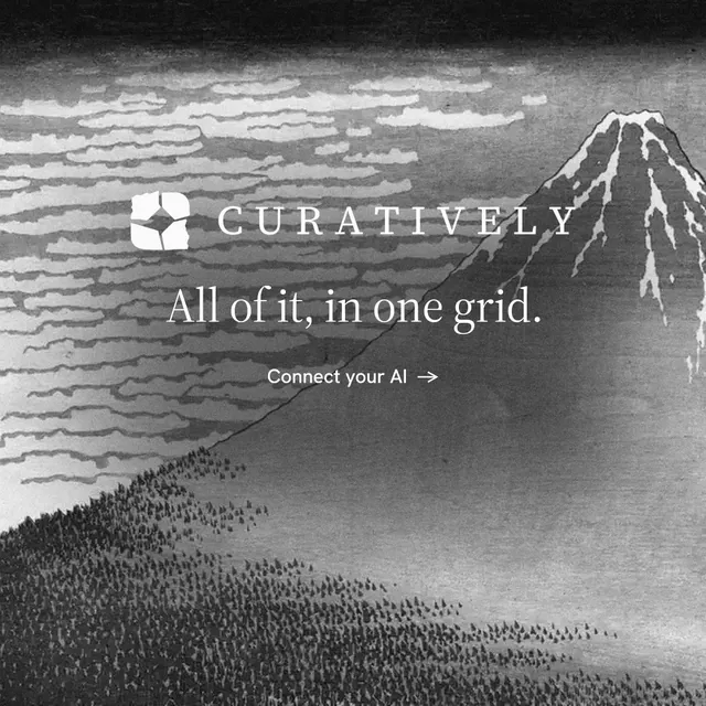 Instagram post for Curatively: "All of it, in one grid." Minimal luxury style, logo hero layout, light palette in grey, black.
