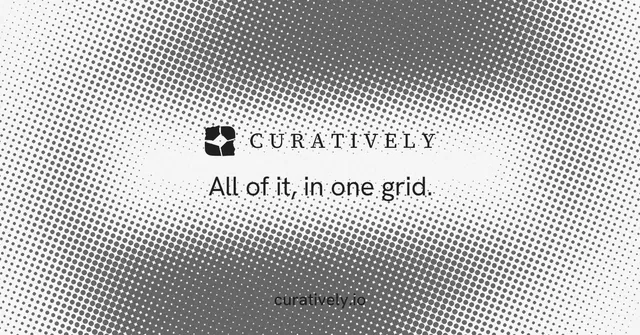 Social ad for Curatively: "All of it, in one grid." Swiss style, end card layout, light palette in white, grey.