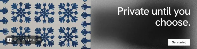 LinkedIn banner for Curatively: "Private until you choose." Swiss style, right layout, dark palette in grey, black.