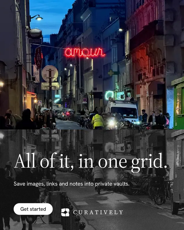Instagram portrait post for Curatively: "All of it, in one grid." Photo poster style, bottom layout, dark palette in black, grey.