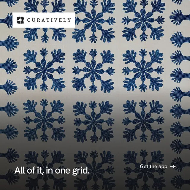 Instagram post for Curatively: "All of it, in one grid." Swiss style, image led layout, dark palette in grey, blue.