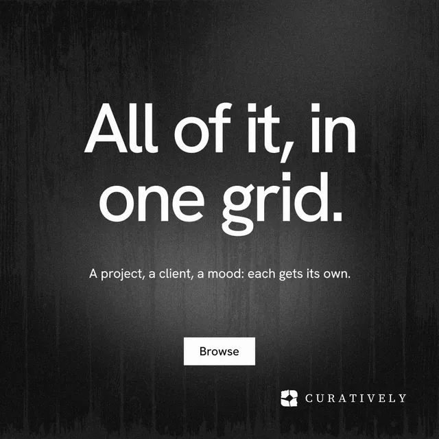 Instagram post for Curatively: "All of it, in one grid." Swiss style, centred layout, dark palette in black, grey.