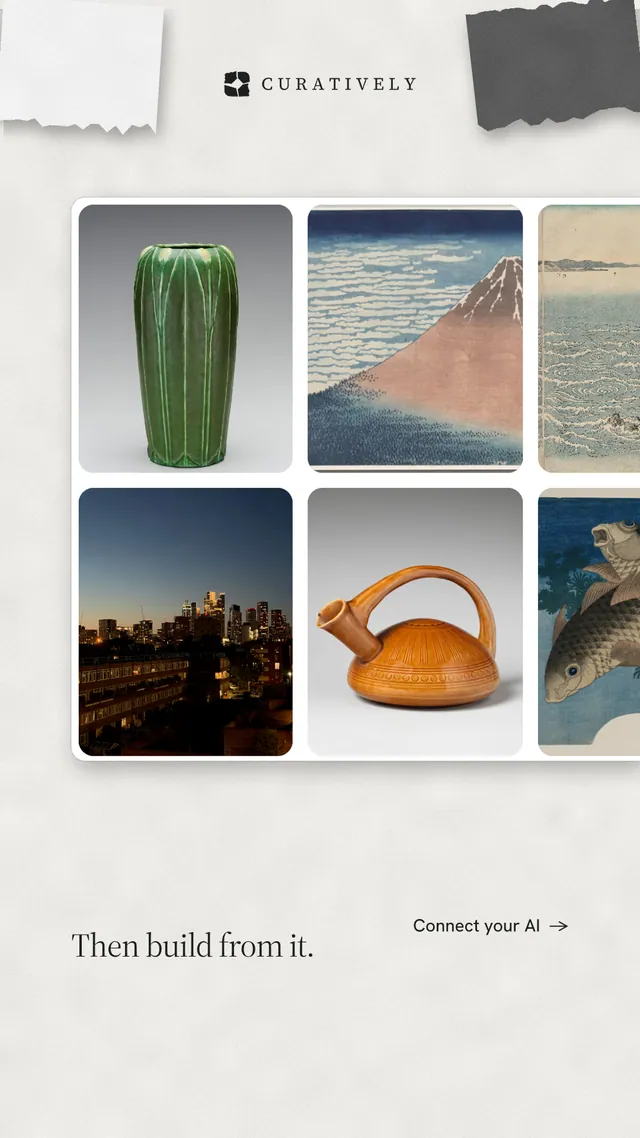 Instagram story for Curatively: "Then build from it." Editorial style, image led layout, light palette in white, grey.
