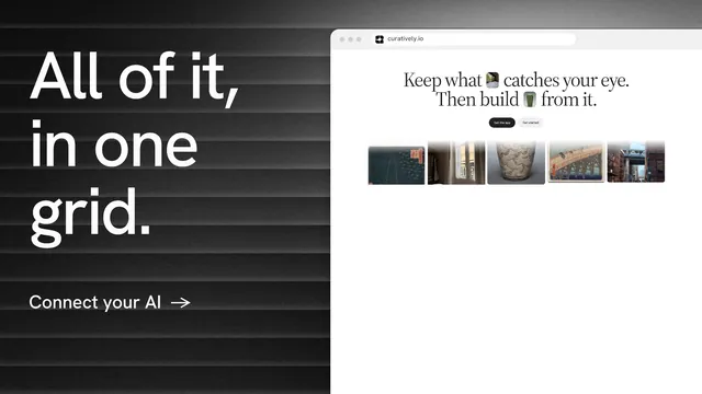 Landscape graphic for Curatively: "All of it, in one grid." Minimal luxury style, browser layout, light palette in white, black, grey.