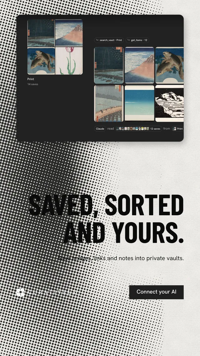 Instagram story for Curatively: "Saved, sorted and yours." Retro print style, right layout, light palette in black, grey, white.