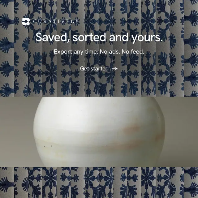 Instagram post for Curatively: "Saved, sorted and yours." Minimal luxury style, skeleton layout, dark palette in grey, blue.