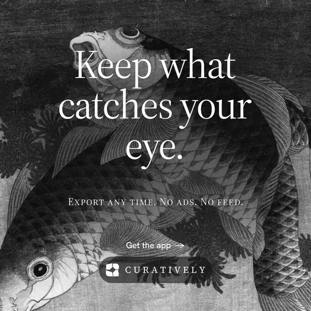 Instagram post for Curatively: "Keep what catches your eye." Editorial style, smallcaps layout, dark palette in grey, black.