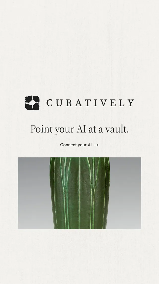 Instagram story for Curatively: "Point your AI at a vault." Minimal luxury style, logo hero layout, light palette in white, grey.