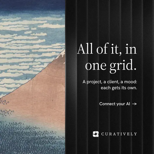 Instagram post for Curatively: "All of it, in one grid." Minimal luxury style, right layout, dark palette in black, grey.